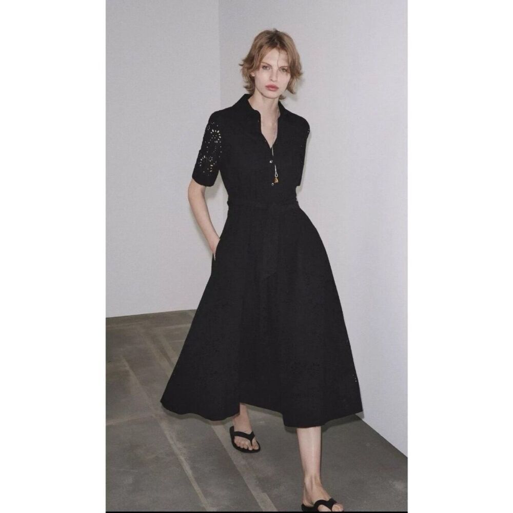 Zara Womens Shirt Dress midi Small Black Eyelet Belted Short Sleeve 8223/087 NWT